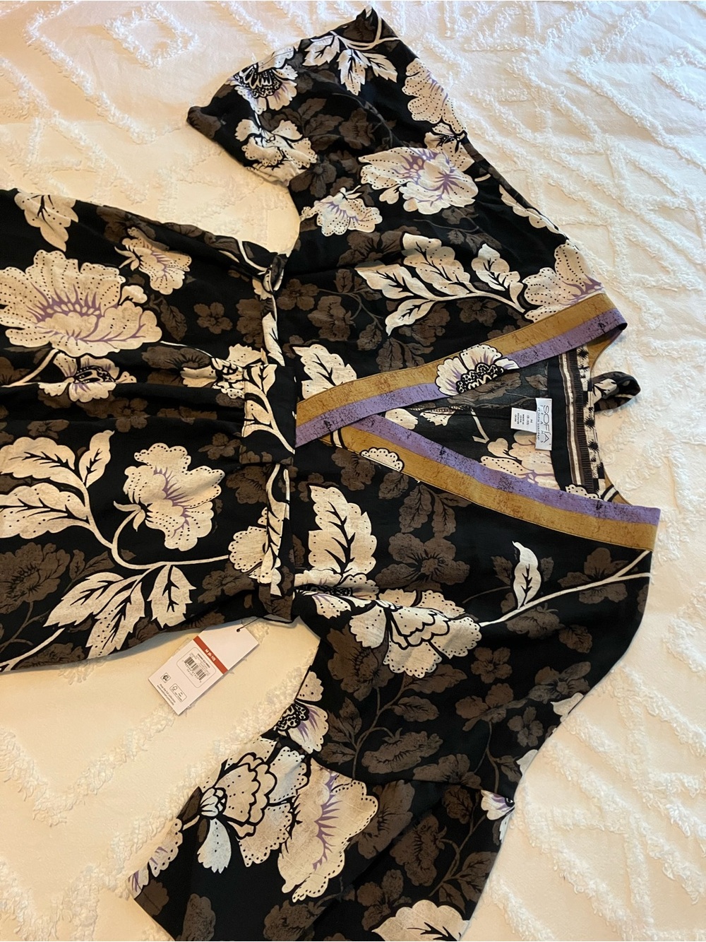 Black Floral Midi Dress with Cream Flowers and Purple Trim - Picture 2 of 4